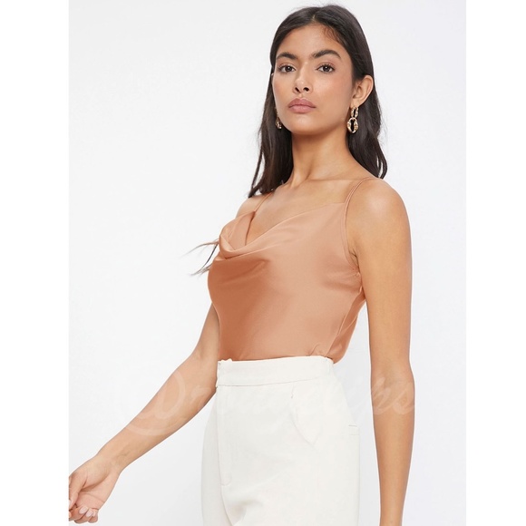 Peach Coral Orange Glamorous Cowl Neck Spaghetti Straps Camisole Top Cami, Drape - Picture 2 of 9